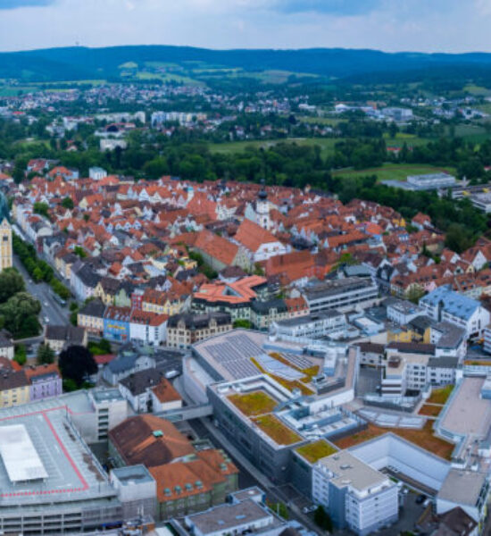 Aerial view of the city Weiden in Germany, on a sunny day in Spring