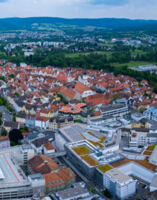 Aerial view of the city Weiden in Germany, on a sunny day in Spring